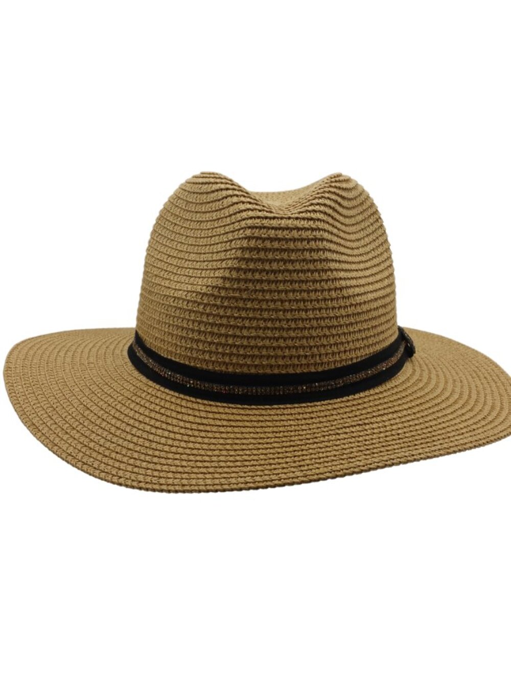 Iluma Straw Fedora Wide Brim Hat Tan with Black band and Rhinestone accents- NEW